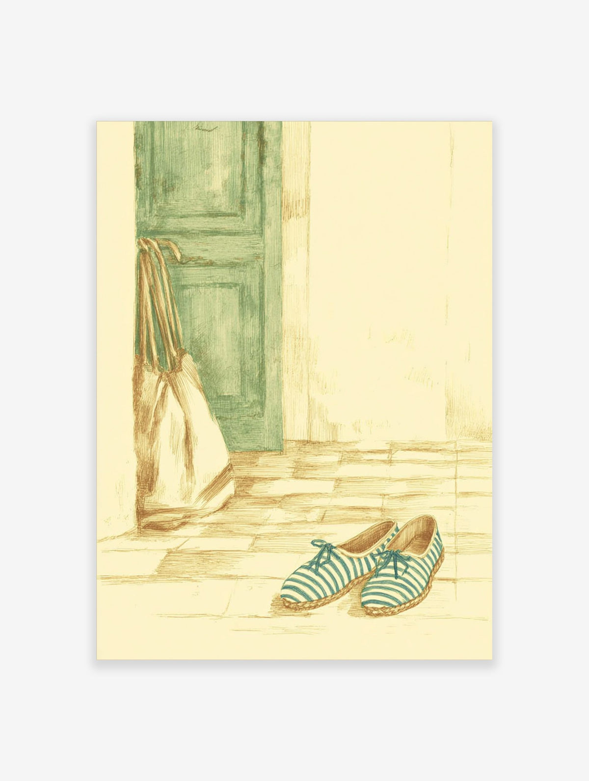 Illustrative print of blue and white striped espadrille shoes, a beige tote bag, and a green door on a tiled floor
