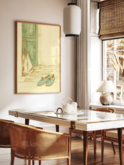 Illustrative print of blue and white striped espadrille shoes, a beige tote bag, and a green door, in a styled room mockup