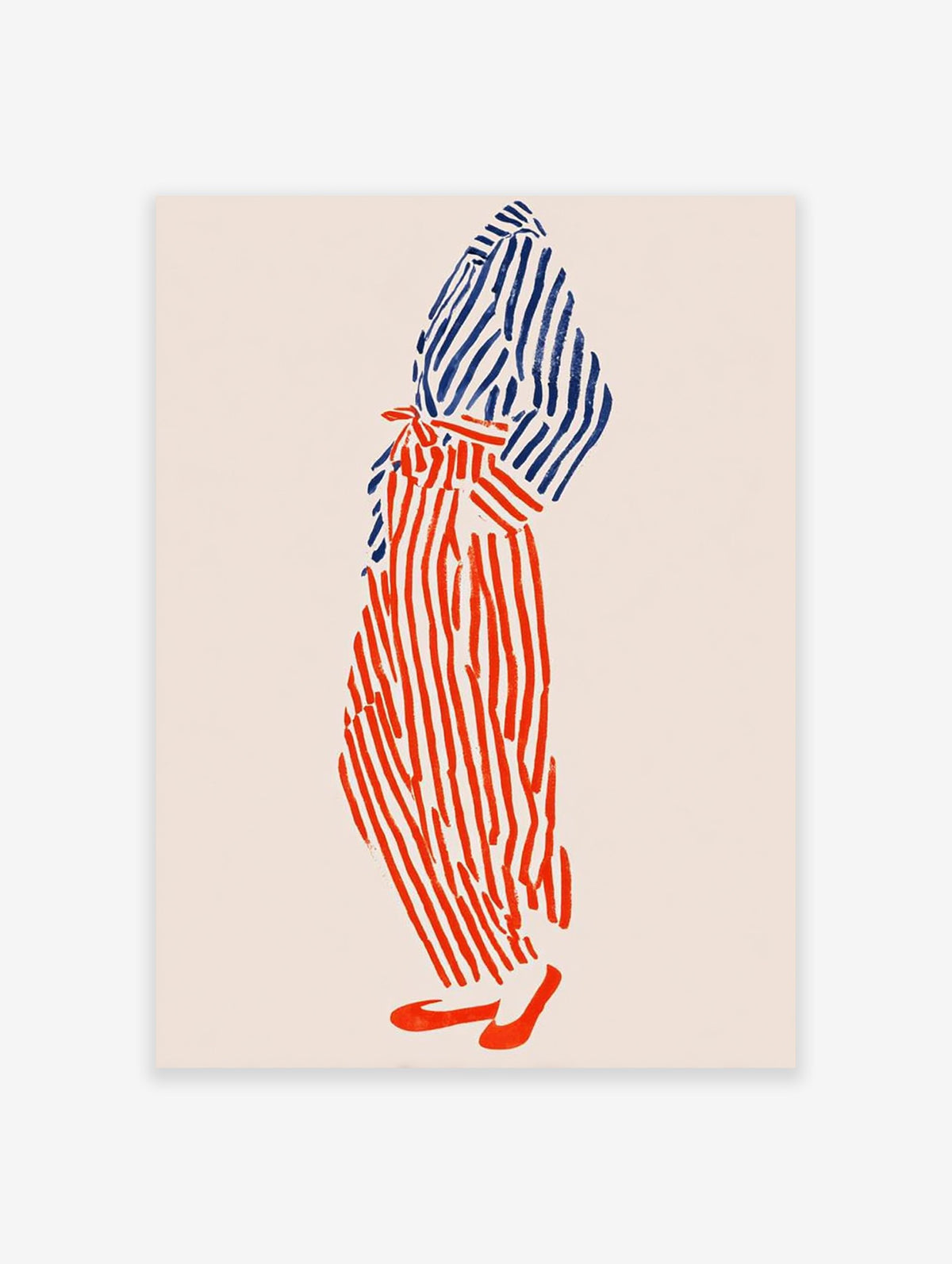 Abstract illustration of a person in bold red and blue striped clothing on a light background, modern wall art.