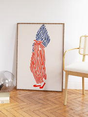 Abstract illustration of a person in bold red and blue striped clothing on a light background, modern wall art. - Image 2