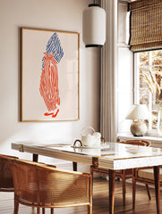 Abstract illustration of a person in bold red and blue striped clothing on a light background, modern wall art. - Image 3