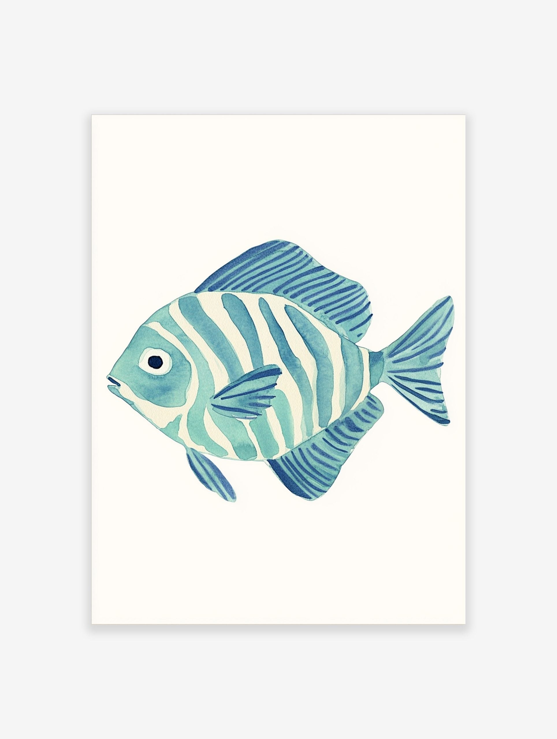 Blue and white striped fish watercolour illustration art print on a plain white background, facing left