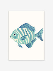 Blue and white striped fish watercolour illustration art print on a plain white background, facing left