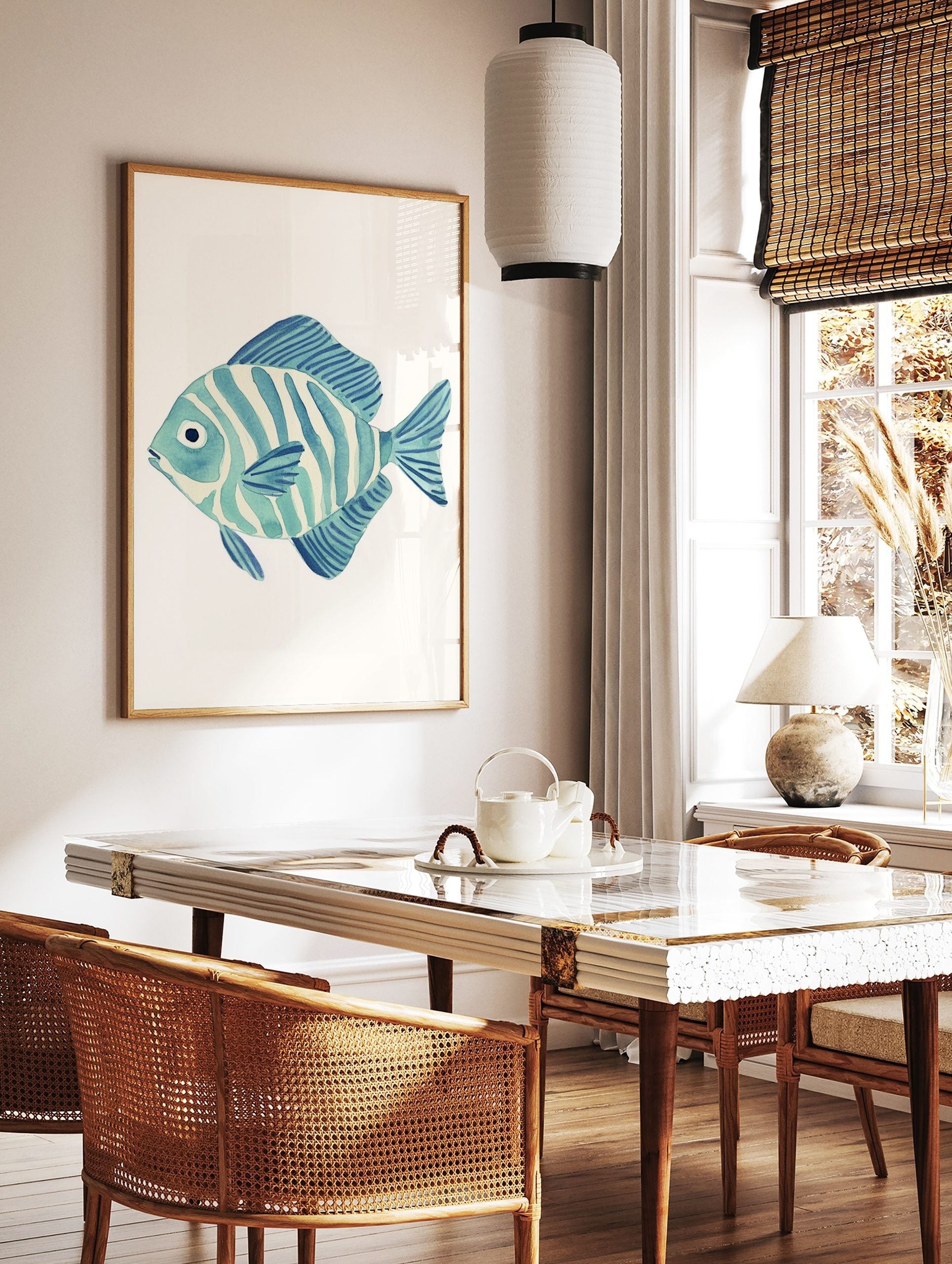 Blue and white striped fish watercolour illustration art print on a plain white background, facing, in a styled room mockup