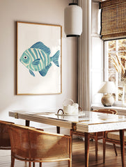 Blue and white striped fish watercolour illustration art print on a plain white background, facing, in a styled room mockup