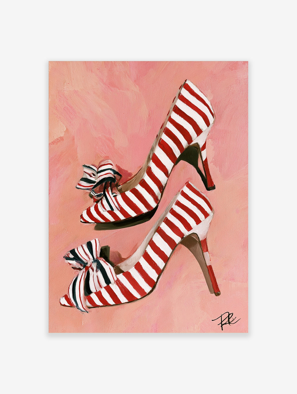 Red and white striped high heel shoes illustration with bows on a pink background art print