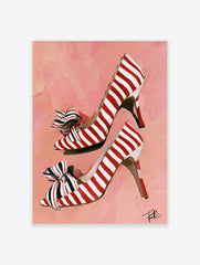Red and white striped high heel shoes illustration with bows on a pink background art print