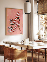 Red and white striped high heel shoes illustration with bows on a pink background art print, in a styled room mockup