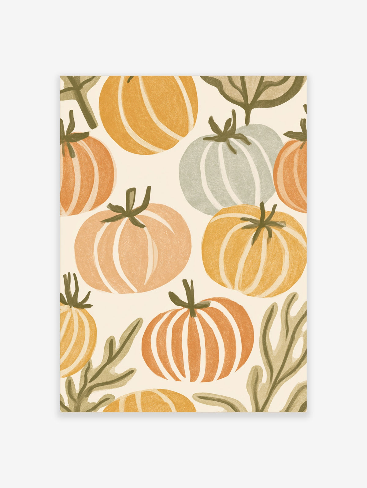 Striped pumpkin and gourd illustration in orange, grey, and peach on a cream background, arranged in a repeating pattern