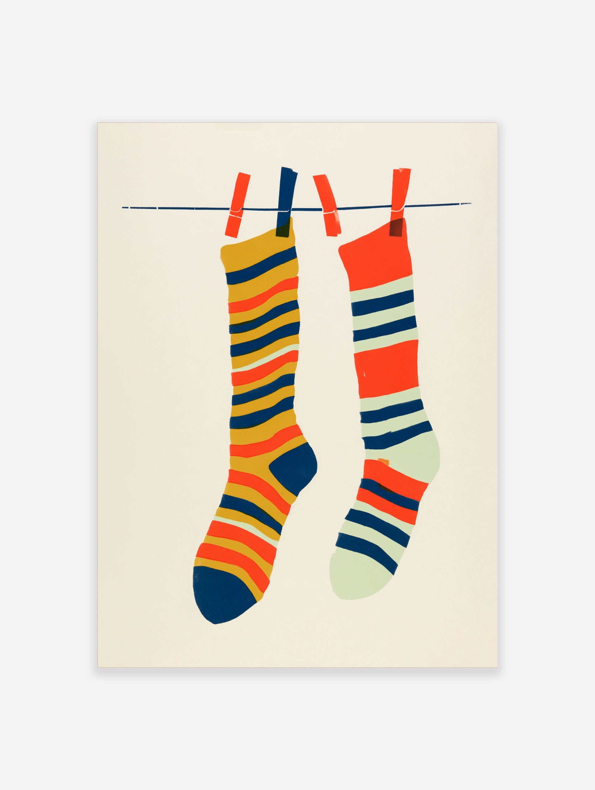 Illustrative art print of two striped socks hanging on a laundry line against a cream background