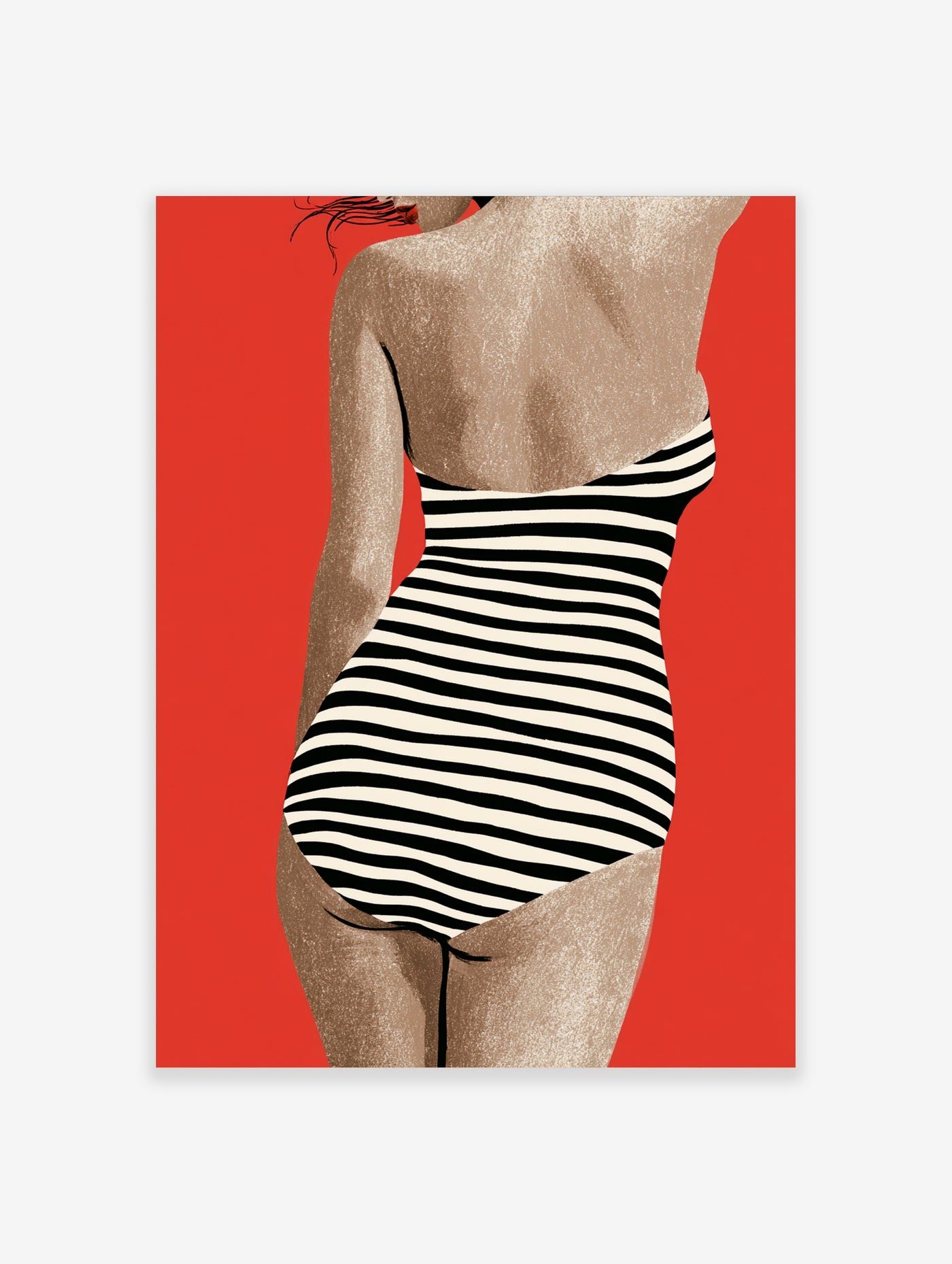 Illustration of a woman from behind in a black and white striped swimsuit against a solid red background