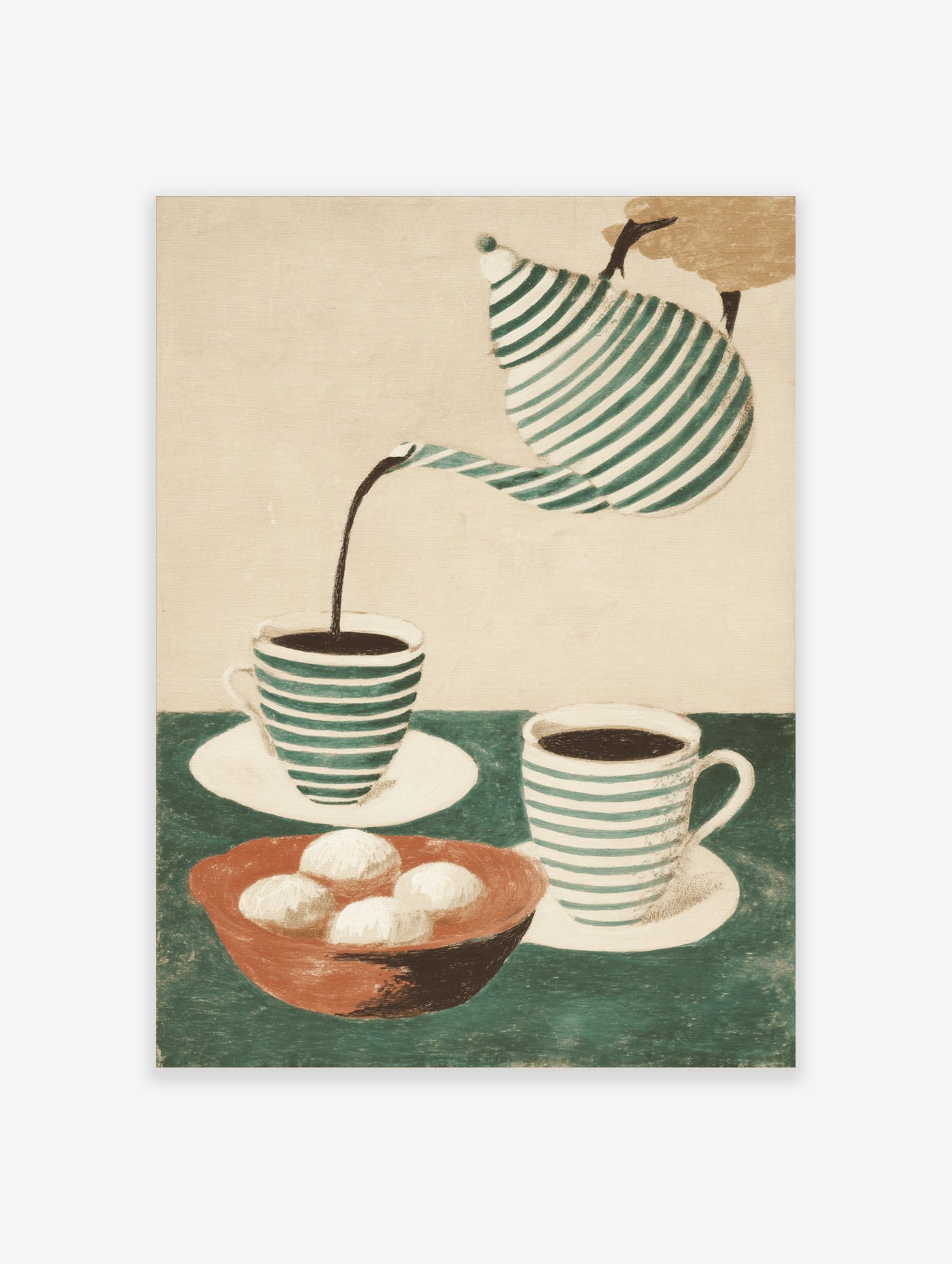 Green striped teapot pouring coffee into a cup, with second cup and bowl of white balls on green table