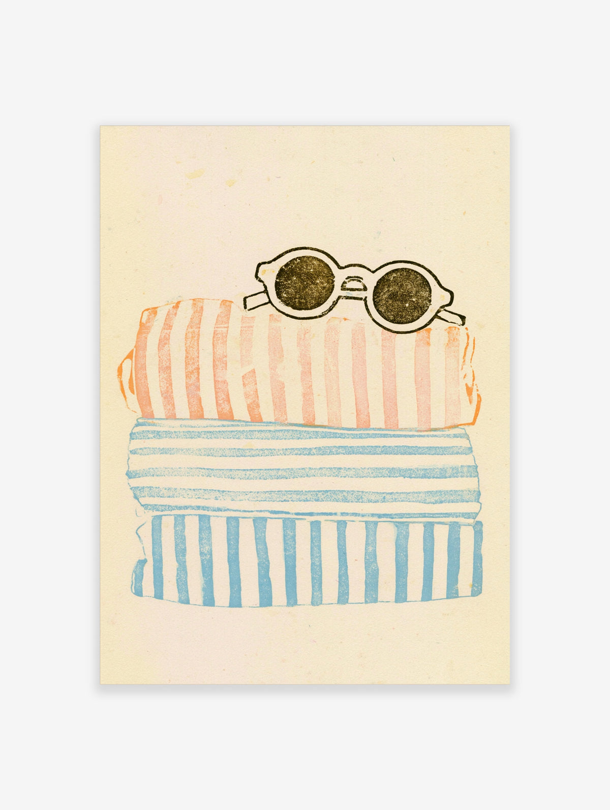 Stack of pink and blue striped towels with round sunglasses on a cream background, coastal poster print