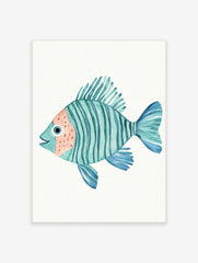 Watercolour illustration of a teal striped fish with peach face and blue fins on a white background