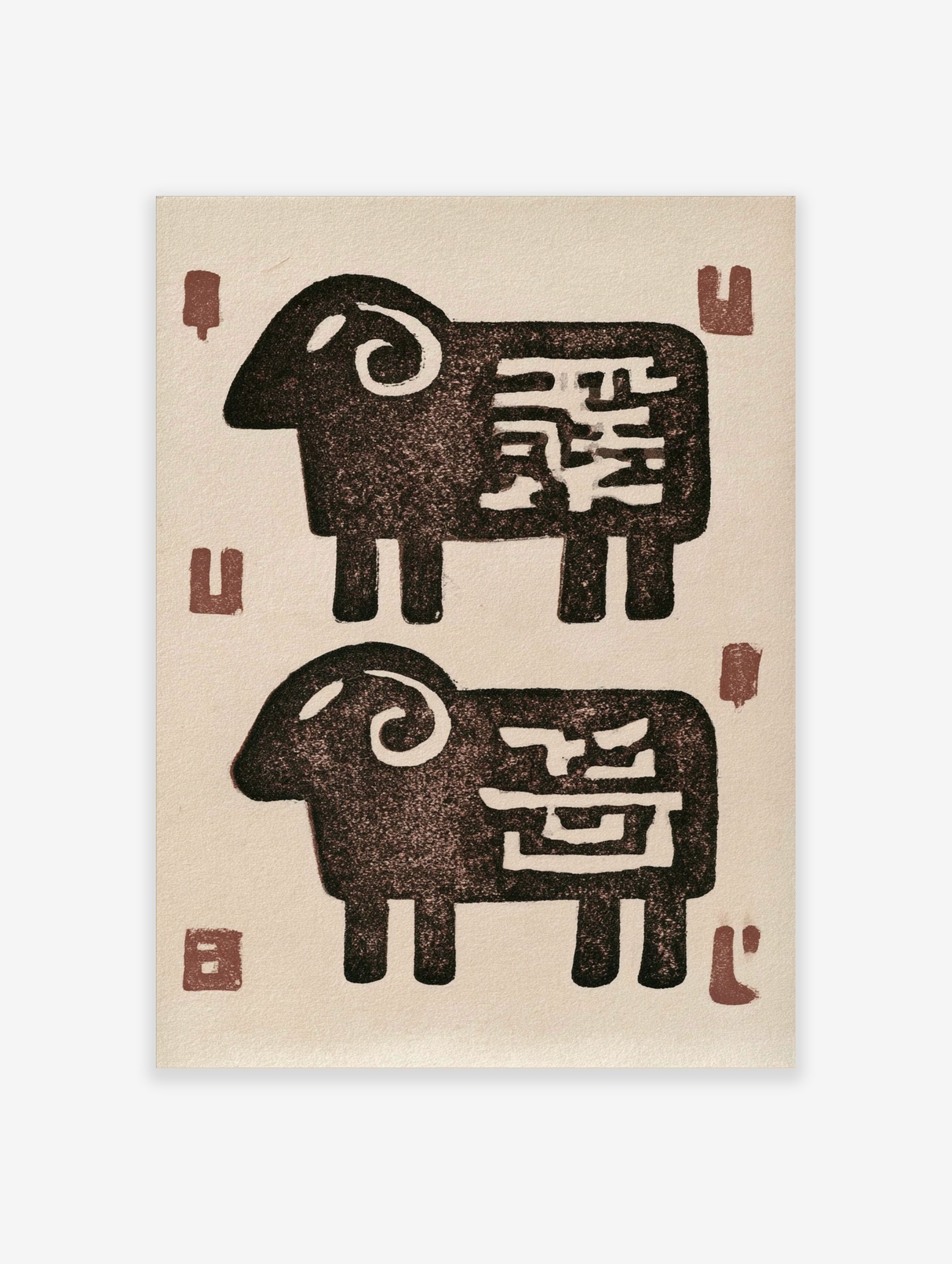 Stylised ram animal illustration with abstract markings on a cream background