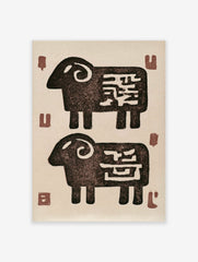 Stylised ram animal illustration with abstract markings on a cream background