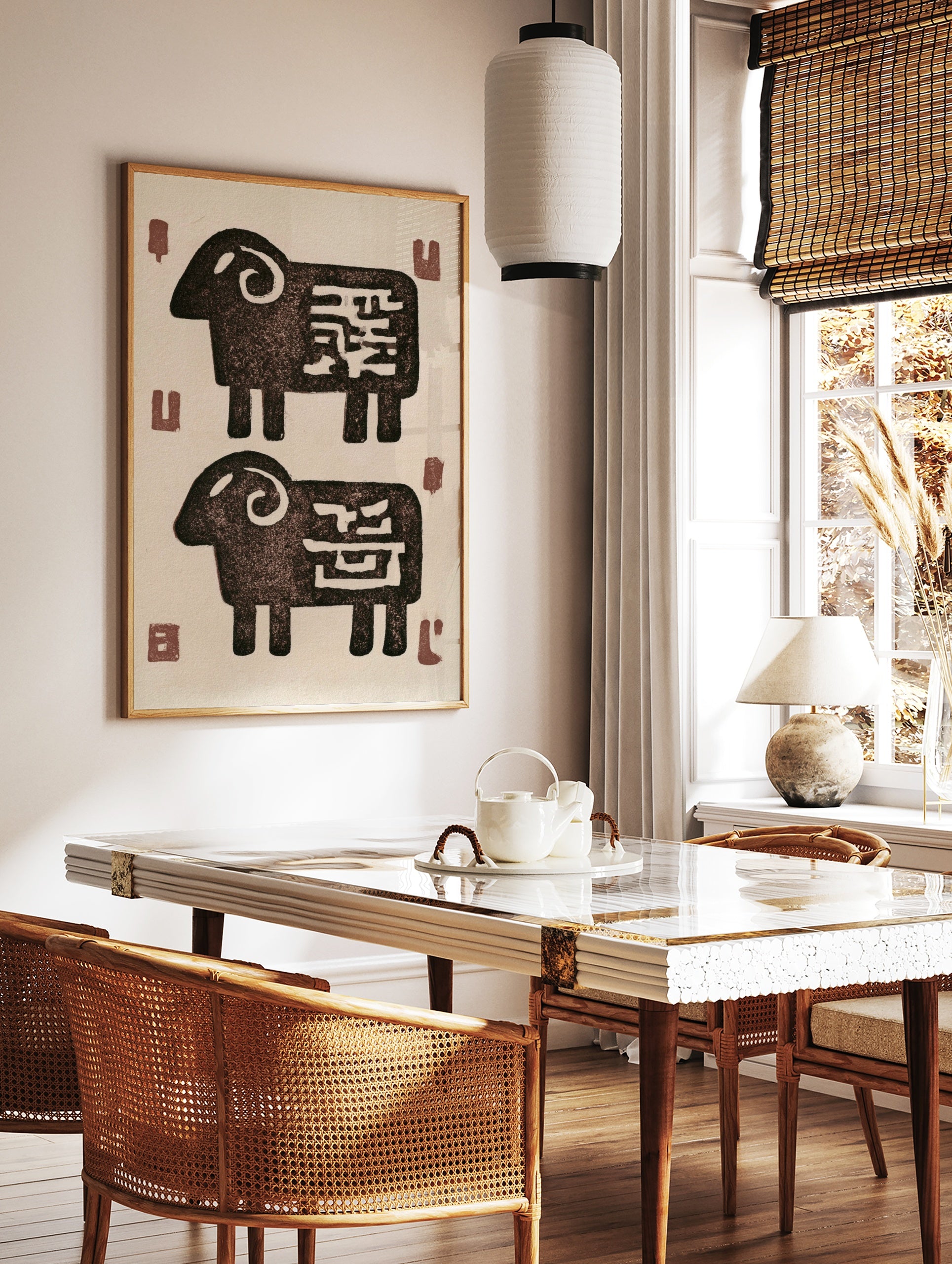 Stylised ram animal illustration with abstract markings on a cream background, in a styled room mockup