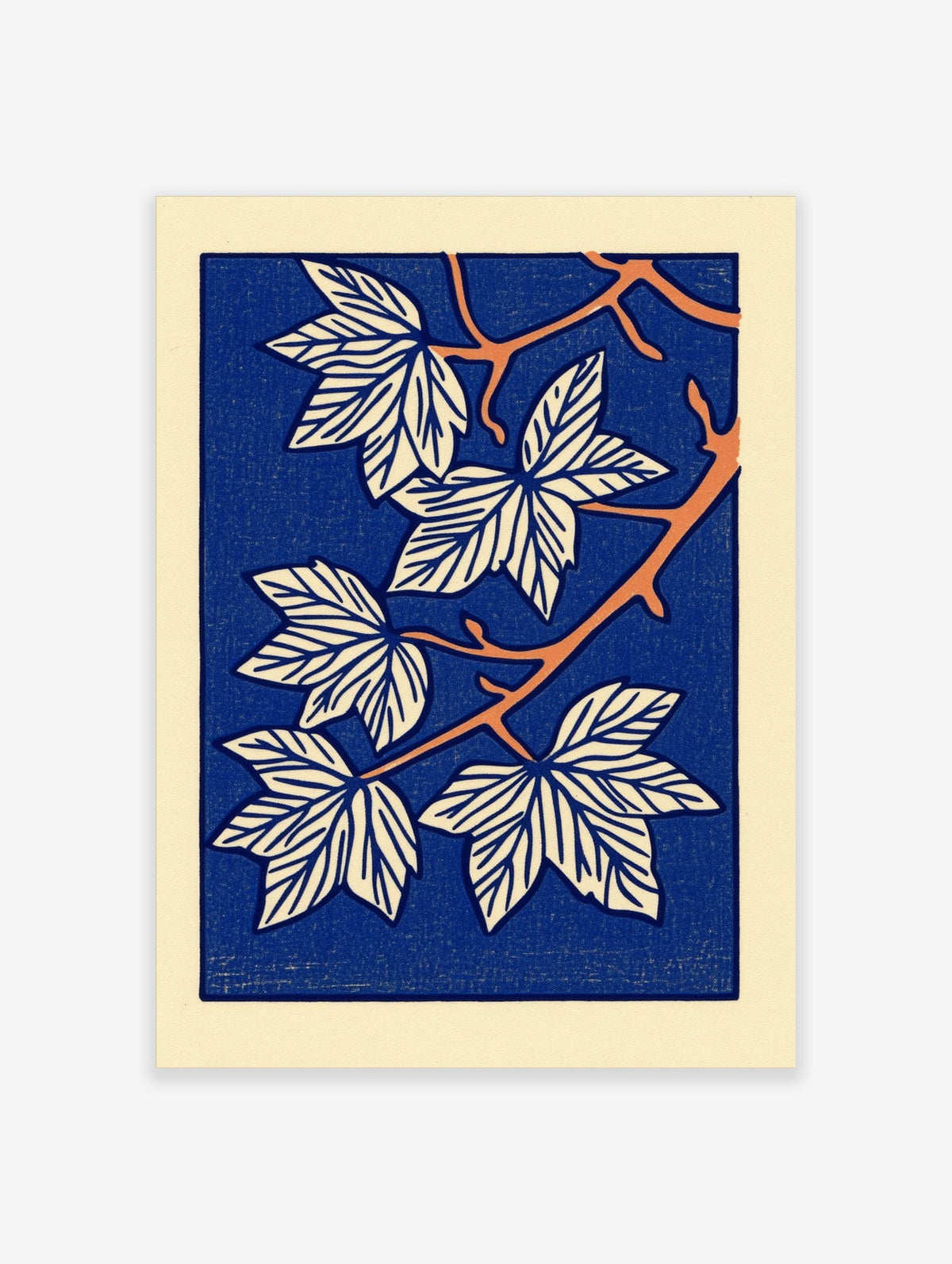 Stylised botanical leaf illustration art print with white leaves, orange branches, and a deep blue background