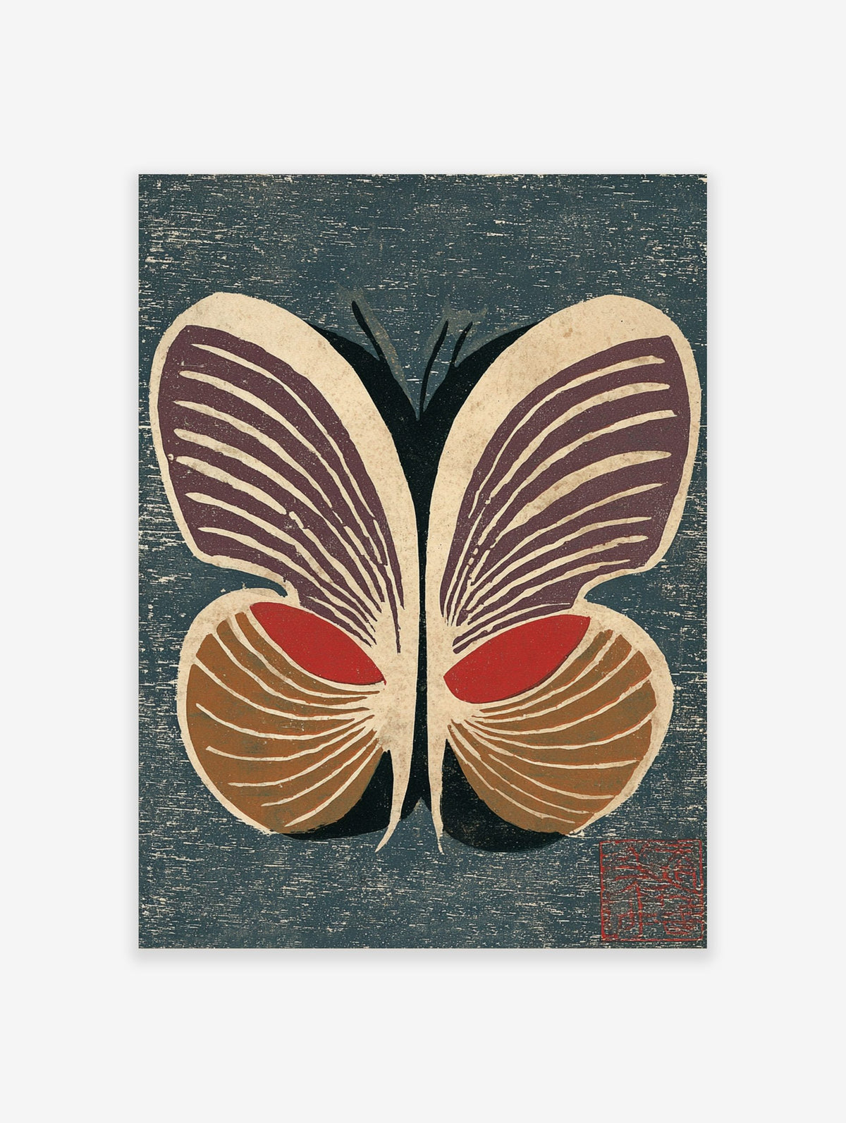 Stylised butterfly woodblock print with deep purple, red, and brown wings on a textured dark blue background