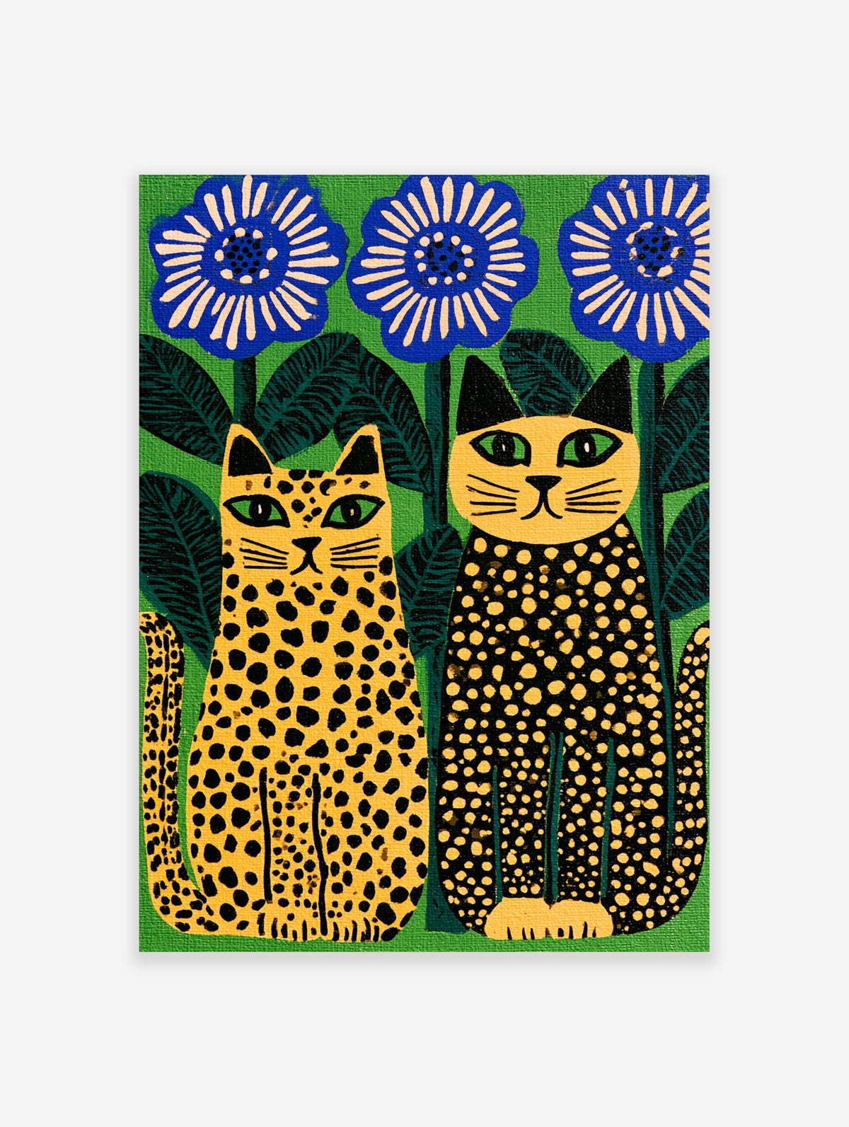 Stylised illustration of two spotted cats sitting beside large blue flowers against a vibrant green background art print