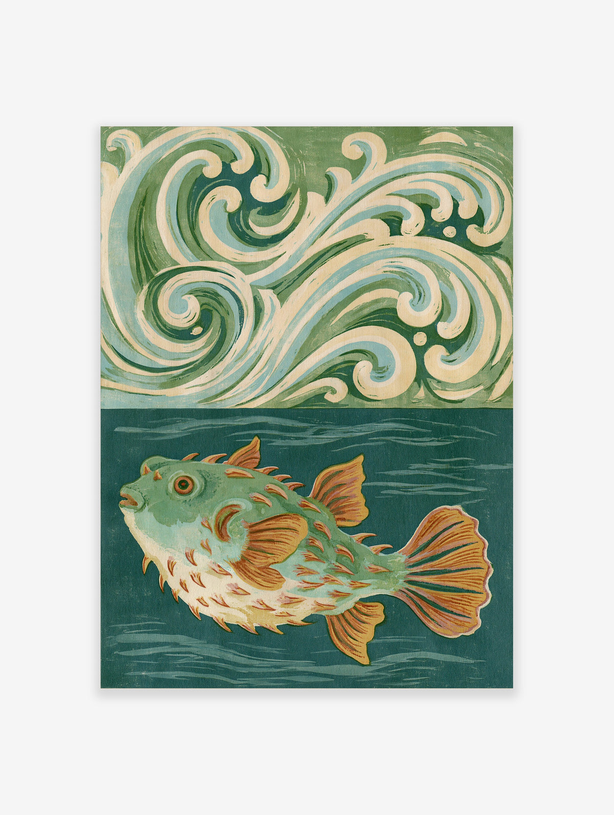 Stylised green fish with orange fins against teal background and swirling cream waves, illustrative art print