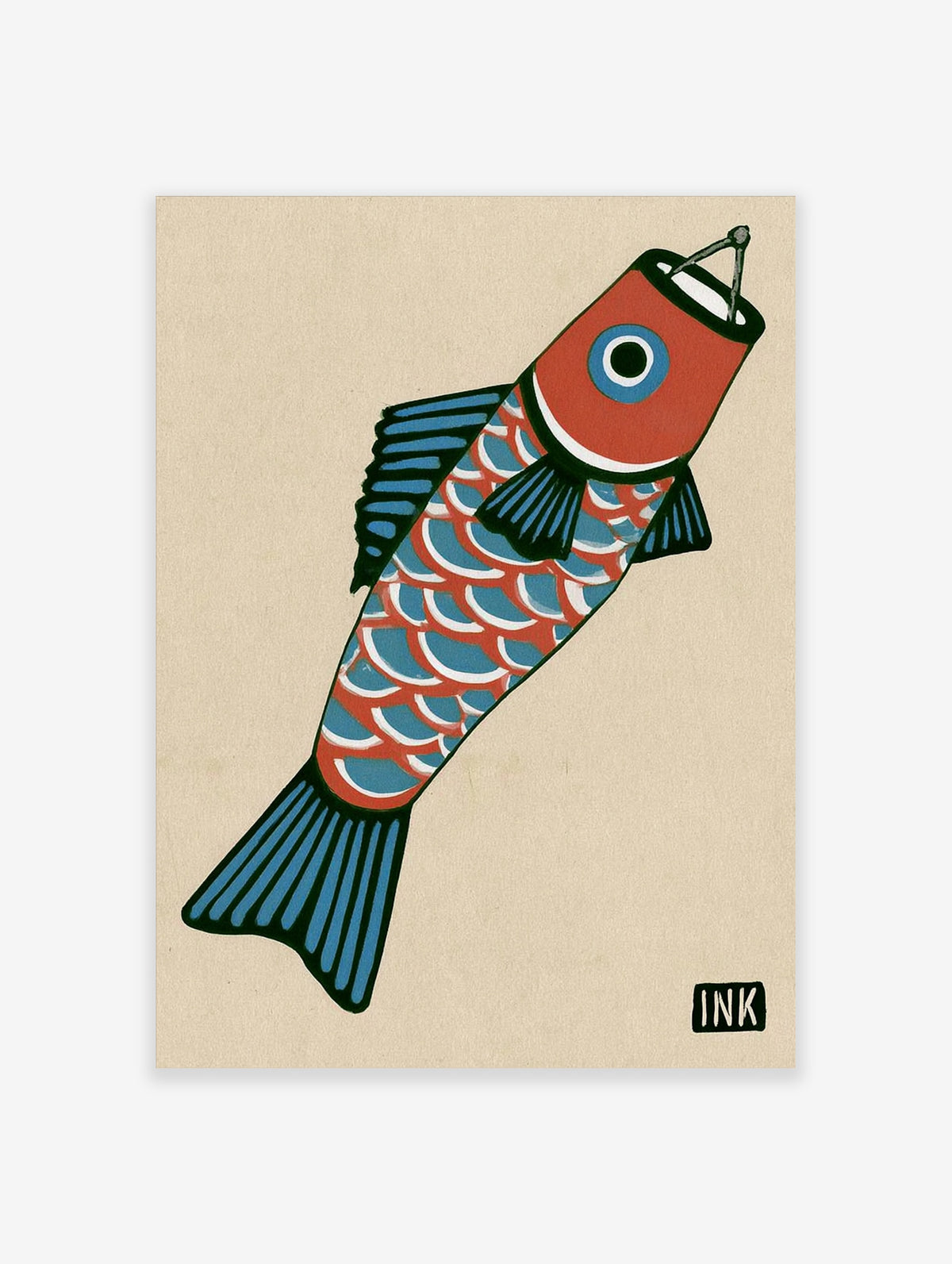 Stylised fish wall art illustration with red and blue scales on a beige background