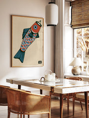 Stylised fish wall art illustration with red and blue scales on a beige background, in a styled room mockup