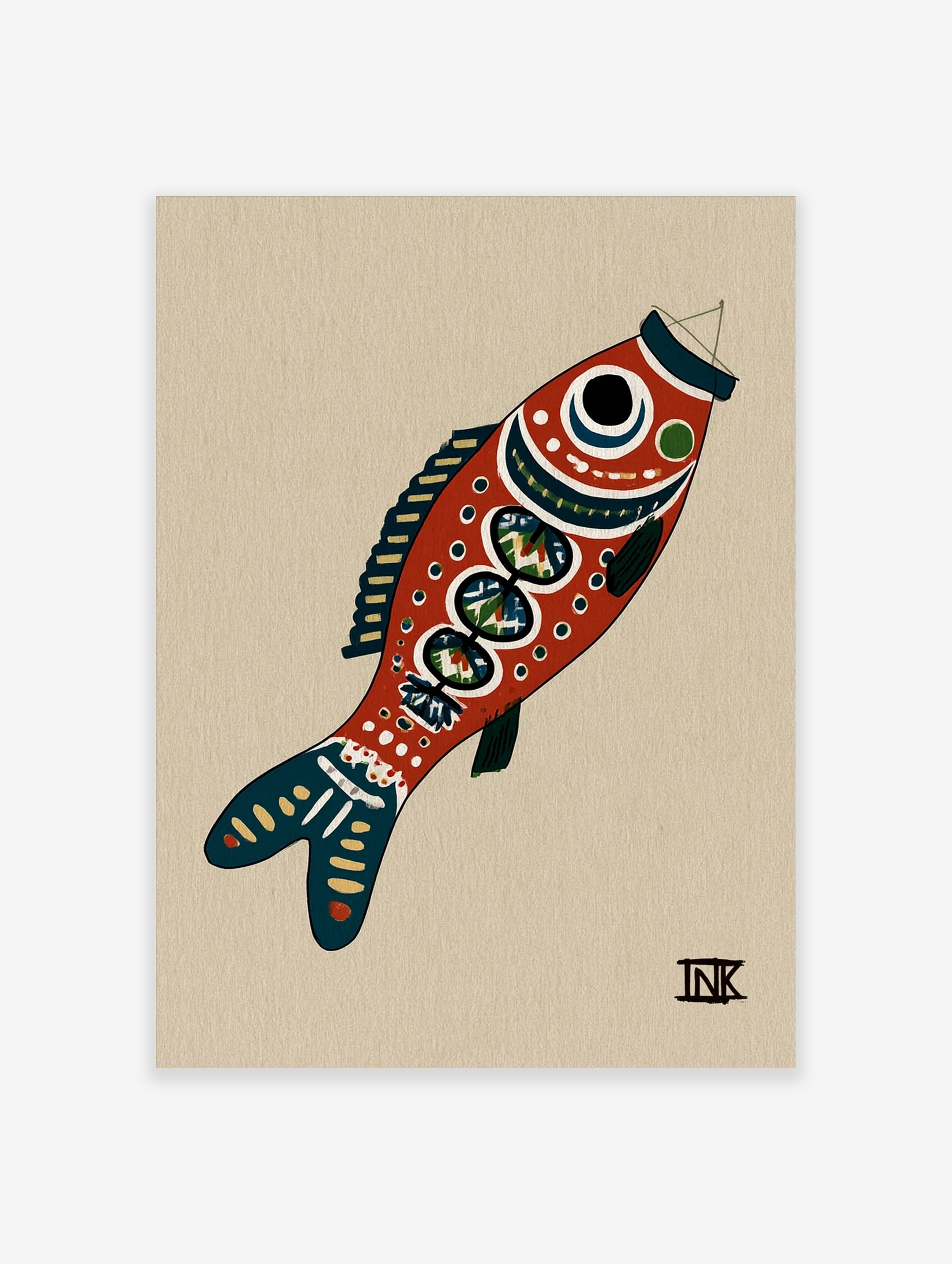 Stylised red fish illustrative art print with blue details on a tan background
