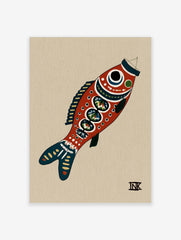 Stylised red fish illustrative art print with blue details on a tan background