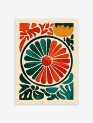 Abstract floral wheel art print with radiating orange and teal segments, surrounded by green organic shapes