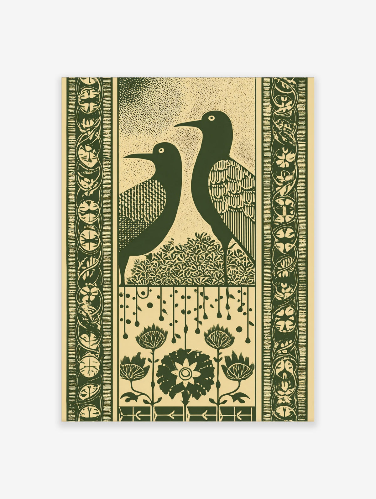Art Nouveau style wall art print with two dark green stylised birds, leafy bush, decorative panel, and ornate borders on