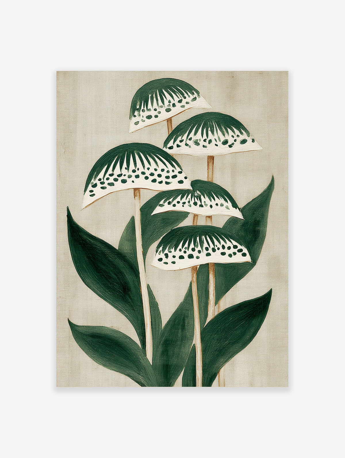 Stylised green plant botanical illustration with patterned caps and leaves on a light beige background