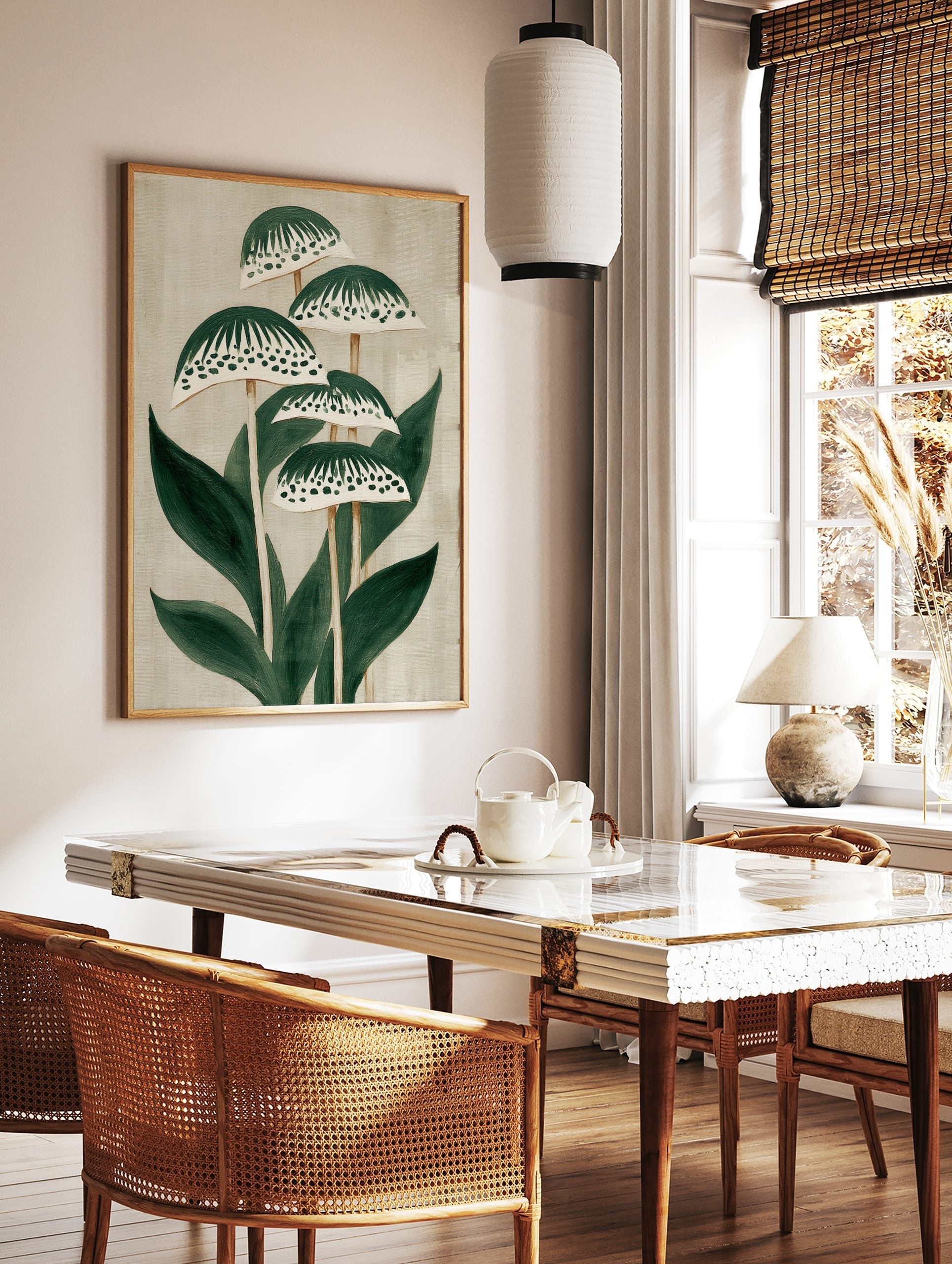 Stylised green plant botanical illustration with patterned caps and leaves on a light beige, in a styled room mockup