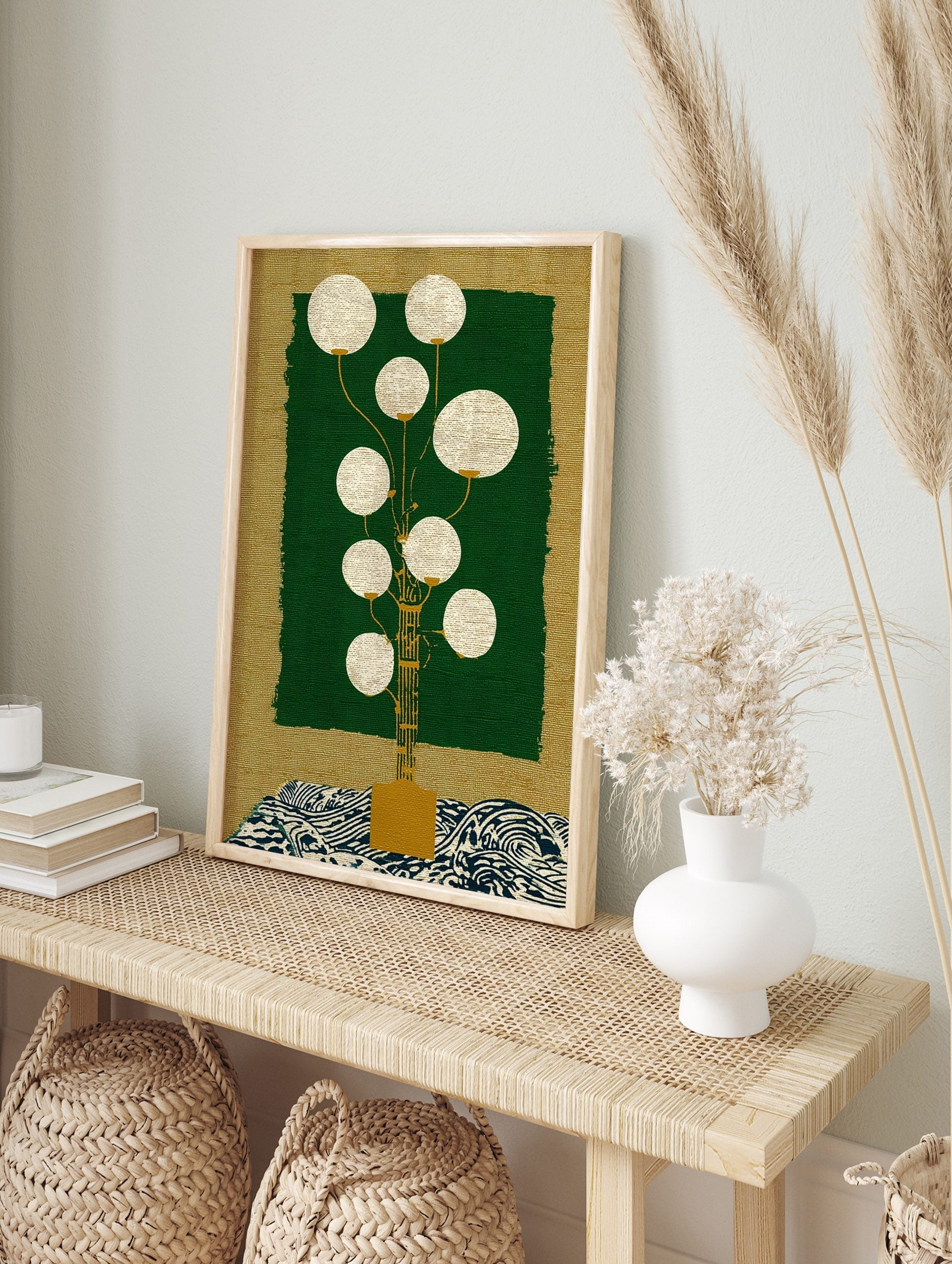 Stylised lantern plant wall art with golden stem, white spheres, dark green panel, and blue, in an alternate framed mockup