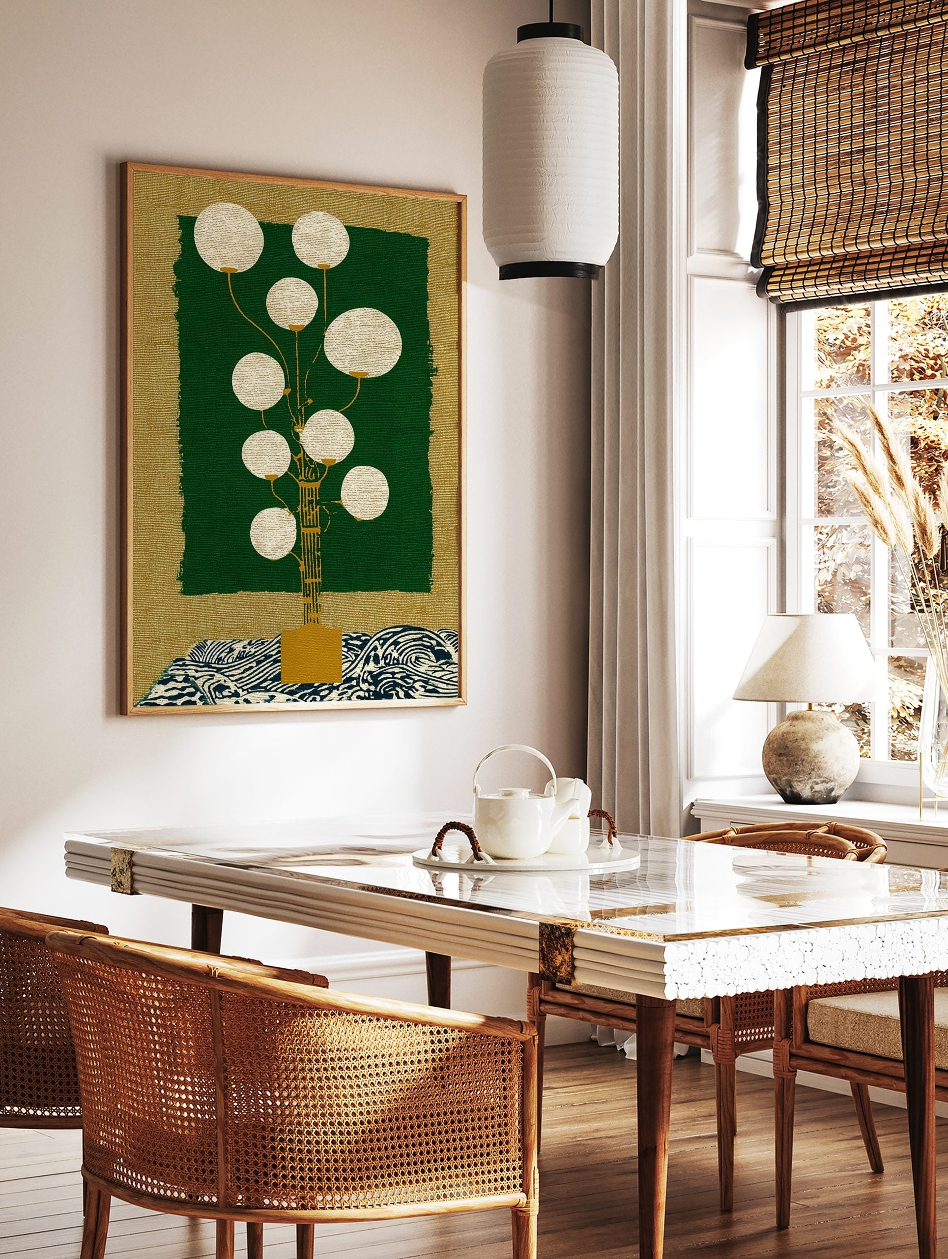 Stylised lantern plant wall art with golden stem, white spheres, dark green panel, and blue wave, in a styled room mockup