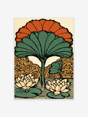 Stylised lotus flower art print with large green fan leaf, orange petals, and two water lilies on striped water
