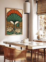 Stylised lotus flower art print with large green fan leaf, orange petals, and two water lilies on, in a styled room mockup