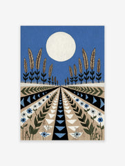 Stylised landscape art print with large white moon, wheat plants, and geometric patterned fields in blue, beige, and black