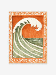 Stylised green and white ocean wave against burnt orange background, within ornate scrollwork border