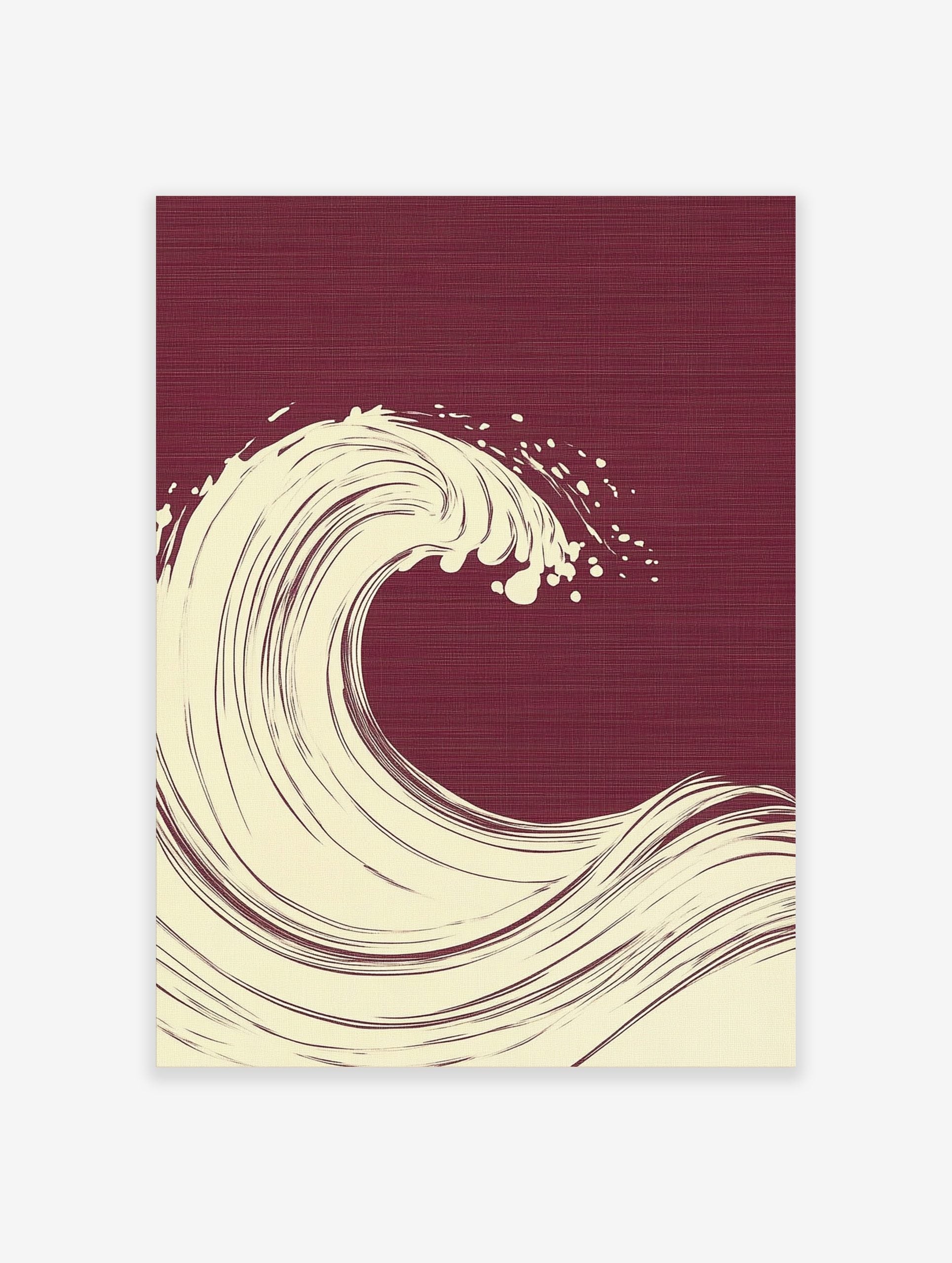 Stylised cream ocean wave illustration with spray on a deep burgundy textured background in portrait orientation