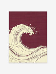 Stylised cream ocean wave illustration with spray on a deep burgundy textured background in portrait orientation