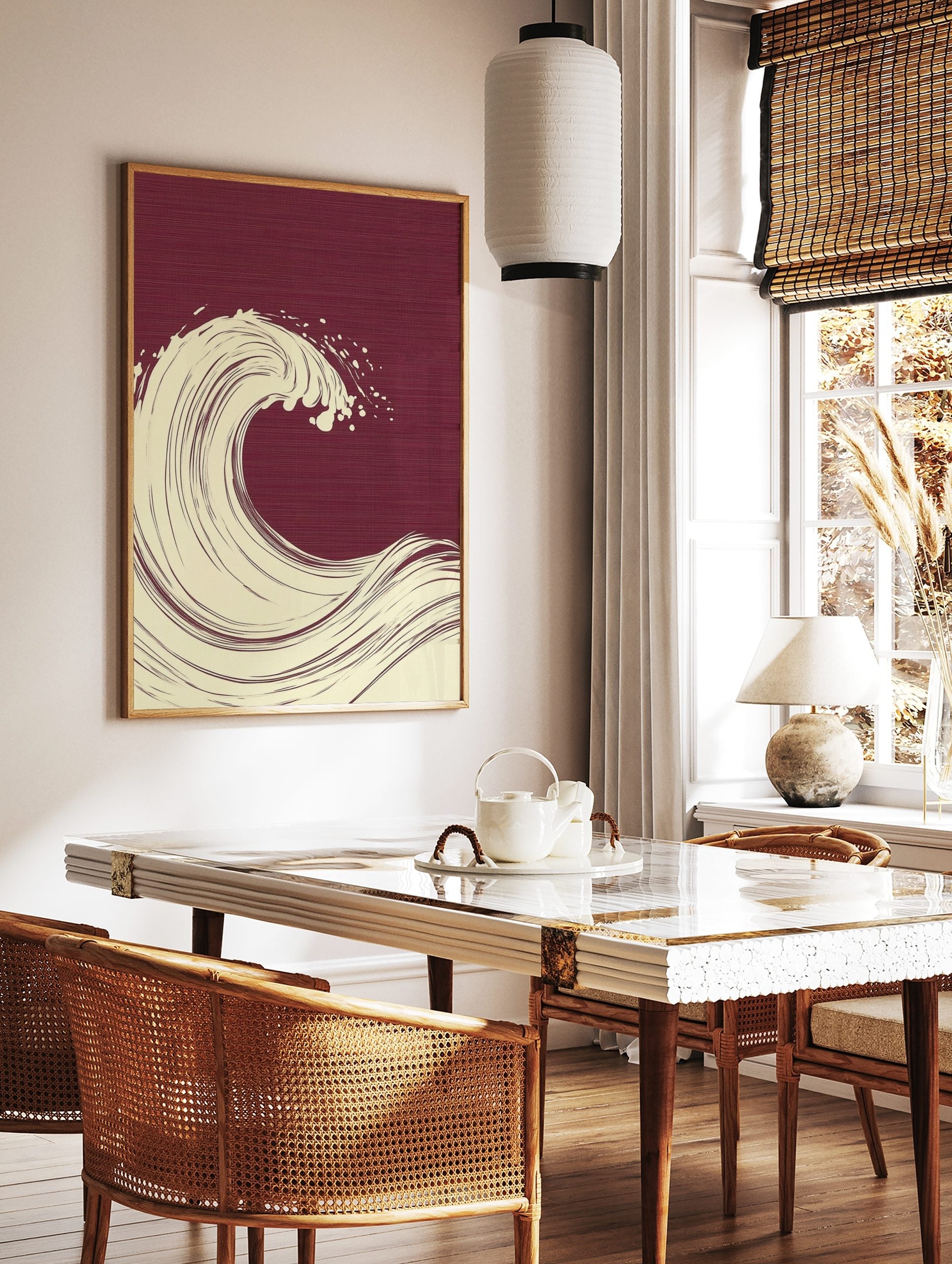 Stylised cream ocean wave illustration with spray on a deep burgundy textured background in, in a styled room mockup