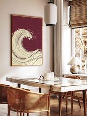 Stylised cream ocean wave illustration with spray on a deep burgundy textured background in, in a styled room mockup