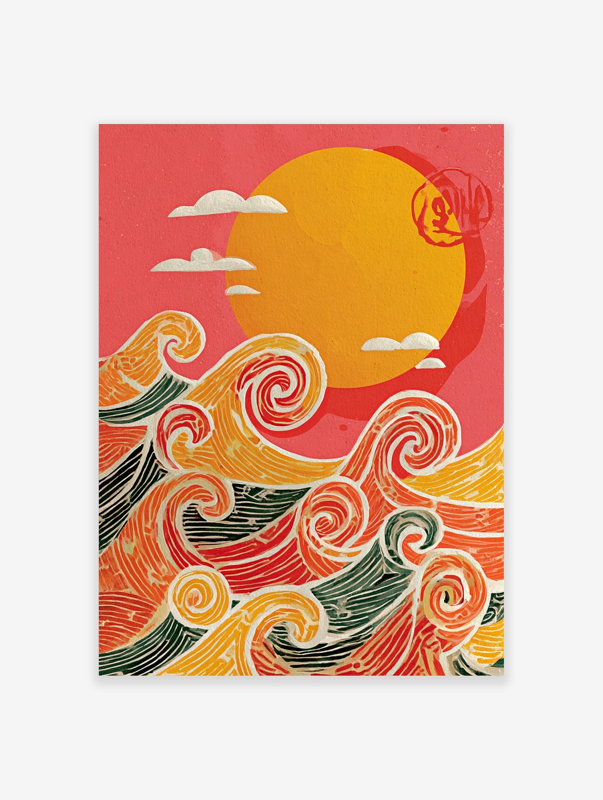 Stylised ocean waves in orange, red, yellow, green with white outlines, beneath a yellow sun and red Japanese seal on pink