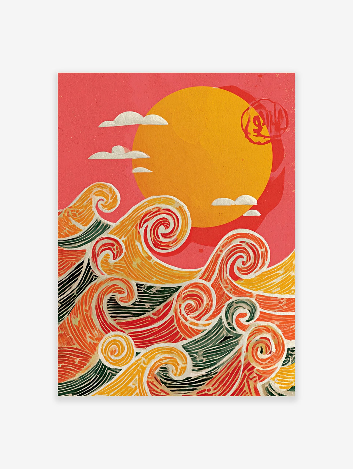 Stylised ocean waves in orange, red, yellow, green with white outlines, beneath a yellow sun and red Japanese seal on pink