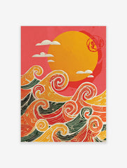 Stylised ocean waves in orange, red, yellow, green with white outlines, beneath a yellow sun and red Japanese seal on pink