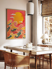 Stylised ocean waves in orange, red, yellow, green with white outlines, beneath a yellow sun and, in a styled room mockup