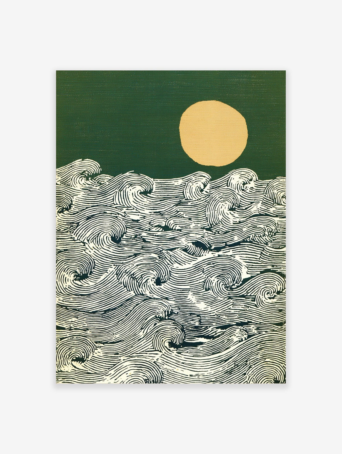 Stylised ocean waves with detailed lines, a pale yellow moon, and a dark green sky art print