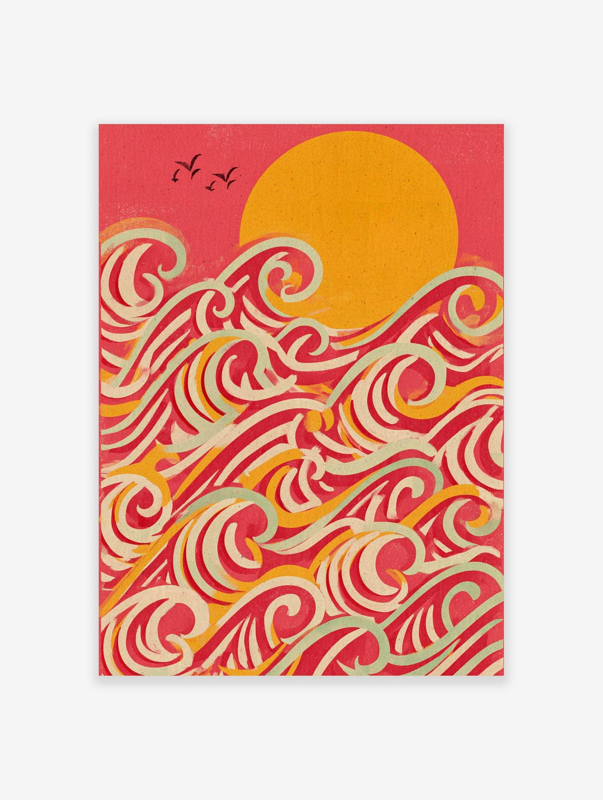 Stylised ocean waves wall art with a large golden sun, red sky, and layered waves in red, yellow, and mint green
