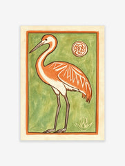 Stylised orange crane bird illustration with white accents on a vibrant green background, ornate motifs